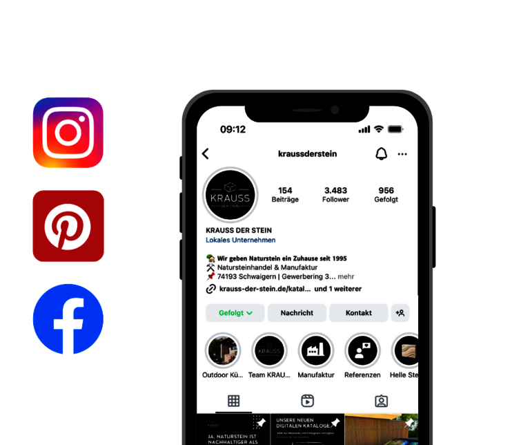 Handy-Mockup mit Social Media-Kanäle von KRAUSS DER STEIN